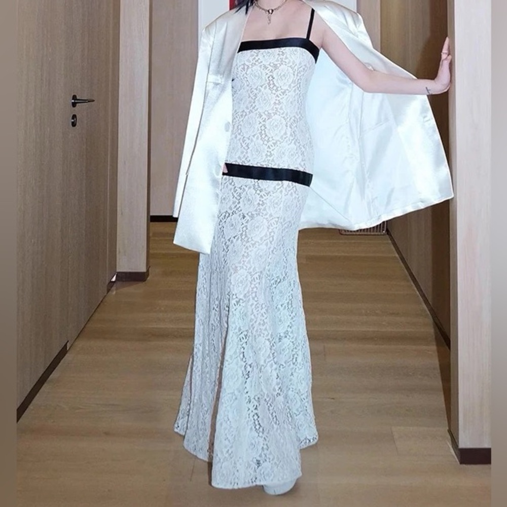 Designer-Style White Lace Strapless Gown with Black Trim